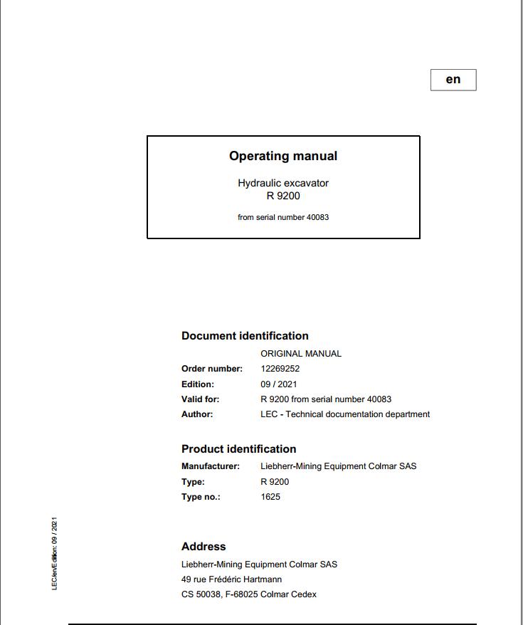 Liebherr Mining Crawler Excavators R9200 US Operating Manual 2021