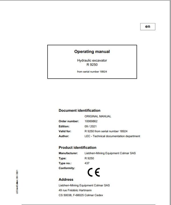 Liebherr Mining Crawler Excavators R9250 Operating Manual 2021