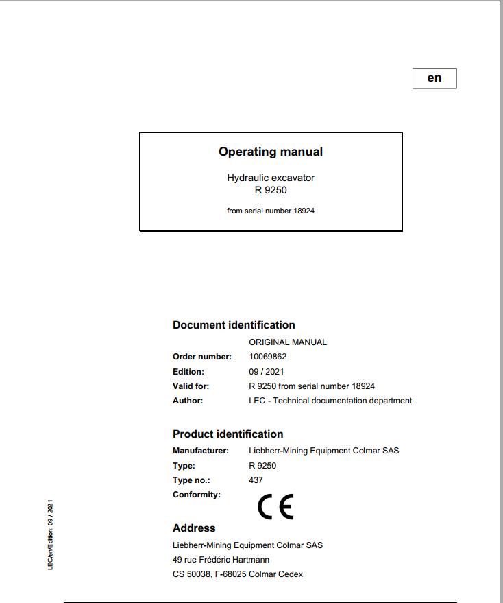 Liebherr Mining Crawler Excavators R9250 Operating Manual 2021
