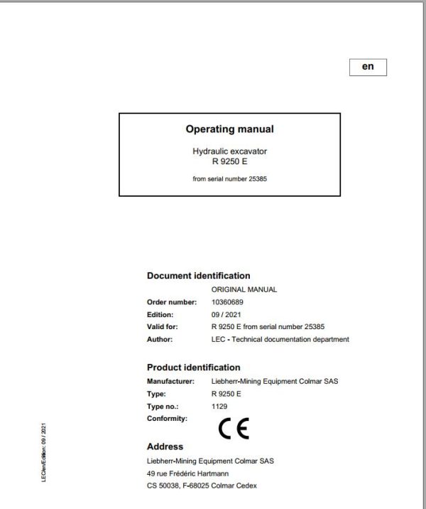 Liebherr Mining Crawler Excavators R9250E Operating Manual 2021