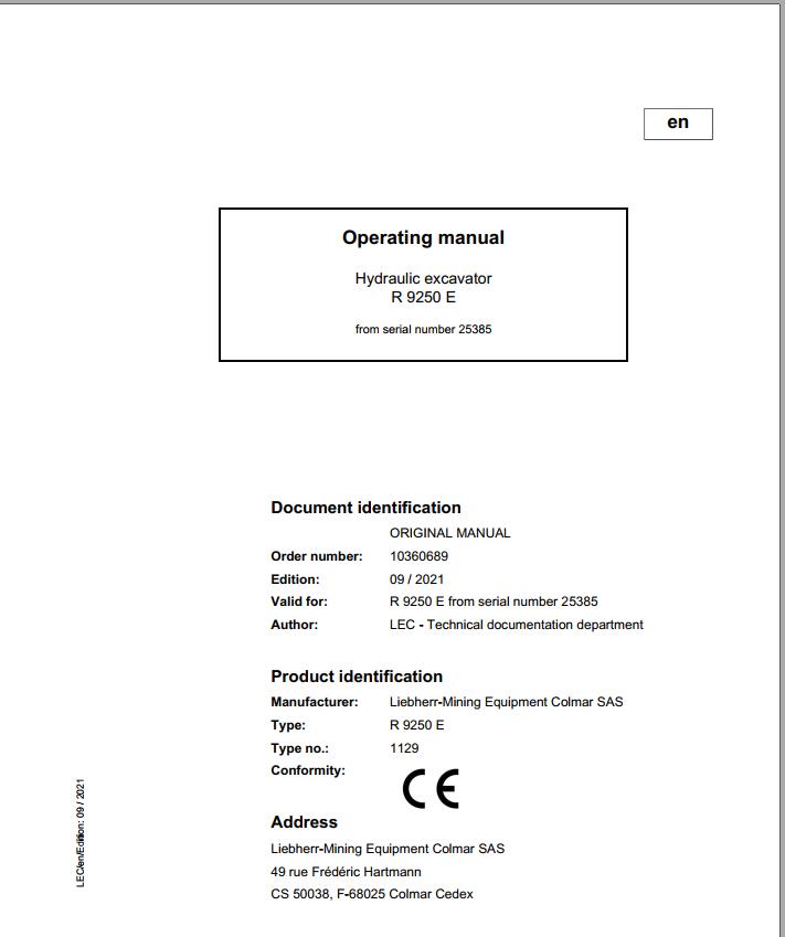 Liebherr Mining Crawler Excavators R9250E Operating Manual 2021