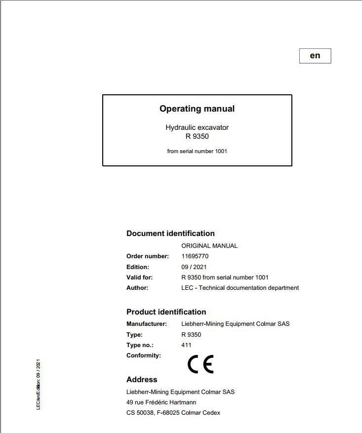 Liebherr Mining Crawler Excavators R9350 Operating Manual 1001 2021