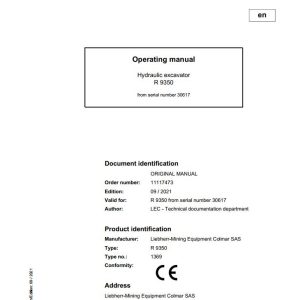 Liebherr Mining Crawler Excavators R9350 Operating Manual 30617 2021