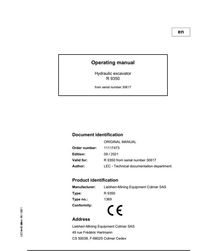 Liebherr Mining Crawler Excavators R9350 Operating Manual 30617 2021