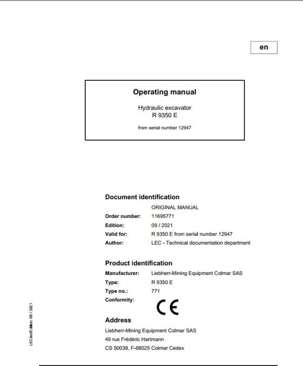 Liebherr Mining Crawler Excavators R9350E Operating Manual 2021