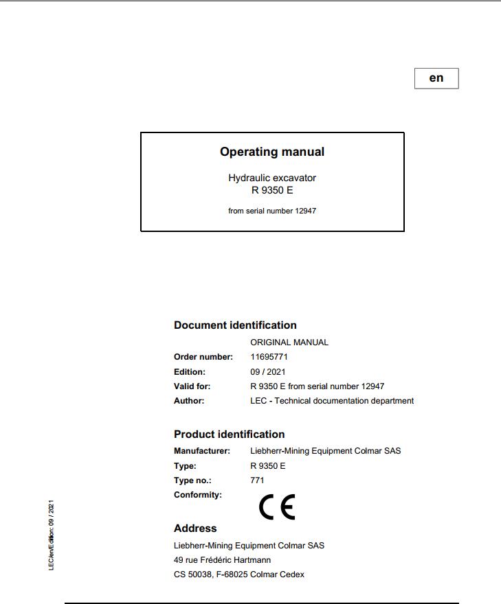 Liebherr Mining Crawler Excavators R9350E Operating Manual 2021