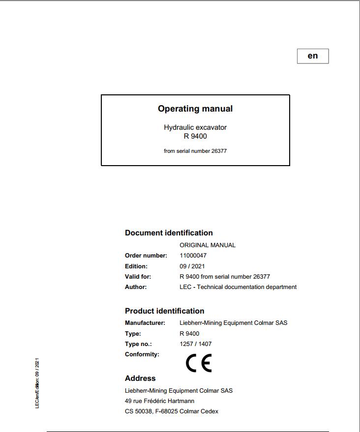 Liebherr Mining Crawler Excavators R9400 Operating Manual 26377 2021