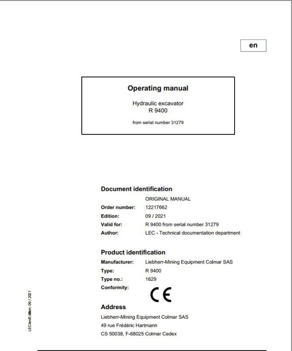 Liebherr Mining Crawler Excavators R9400 Operating Manual 31279 2021