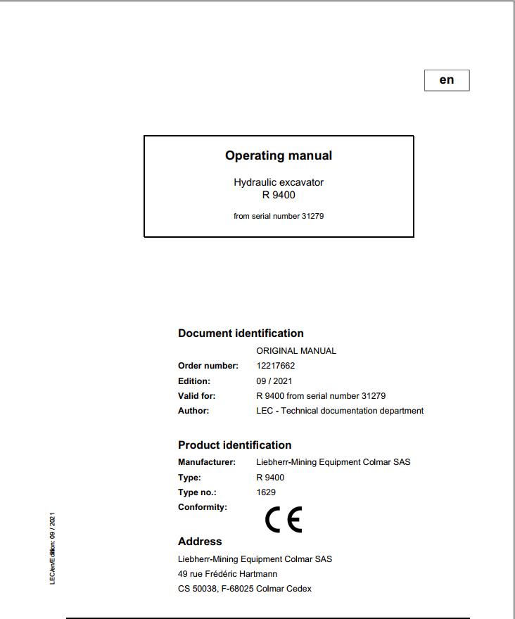 Liebherr Mining Crawler Excavators R9400 Operating Manual 31279 2021