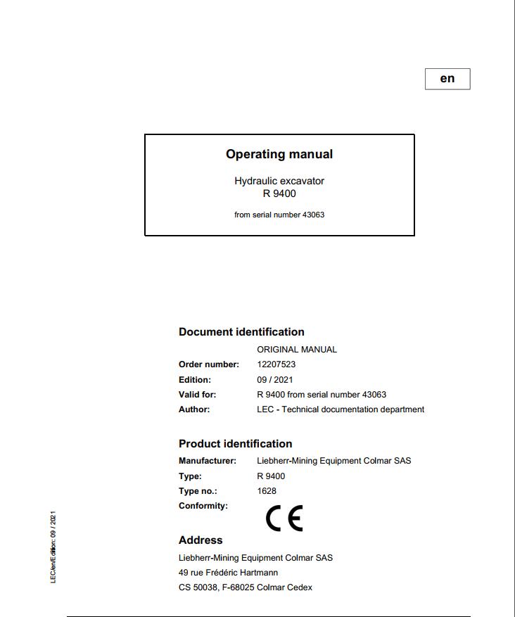 Liebherr Mining Crawler Excavators R9400 Operating Manual 43063 2021