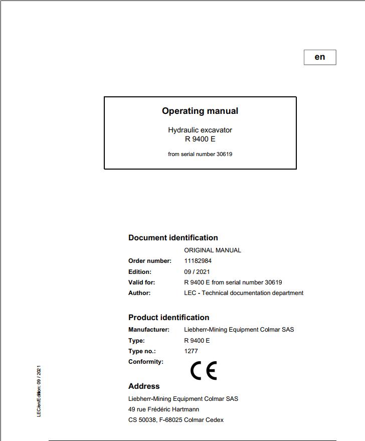 Liebherr Mining Crawler Excavators R9400E Operating Manual 30619 2021