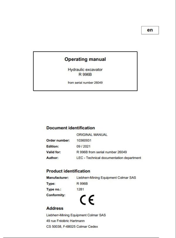 Liebherr Mining Crawler Excavators R996B Operating Manual 2021