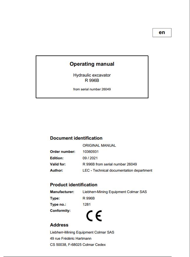 Liebherr Mining Crawler Excavators R996B Operating Manual 2021