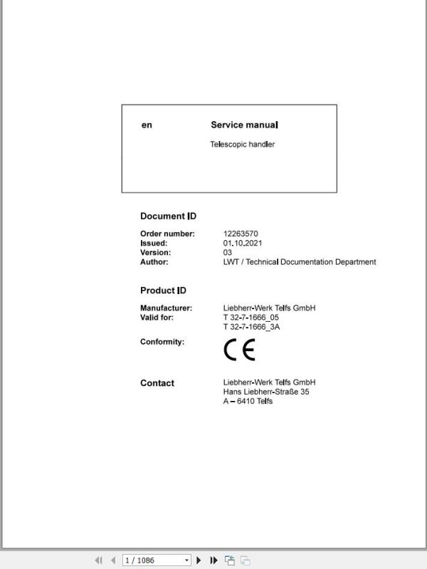 Liebherr Telescopic Handler T32 7 1666 05 T32 7 1666 3A Service Manual 12263570 2021