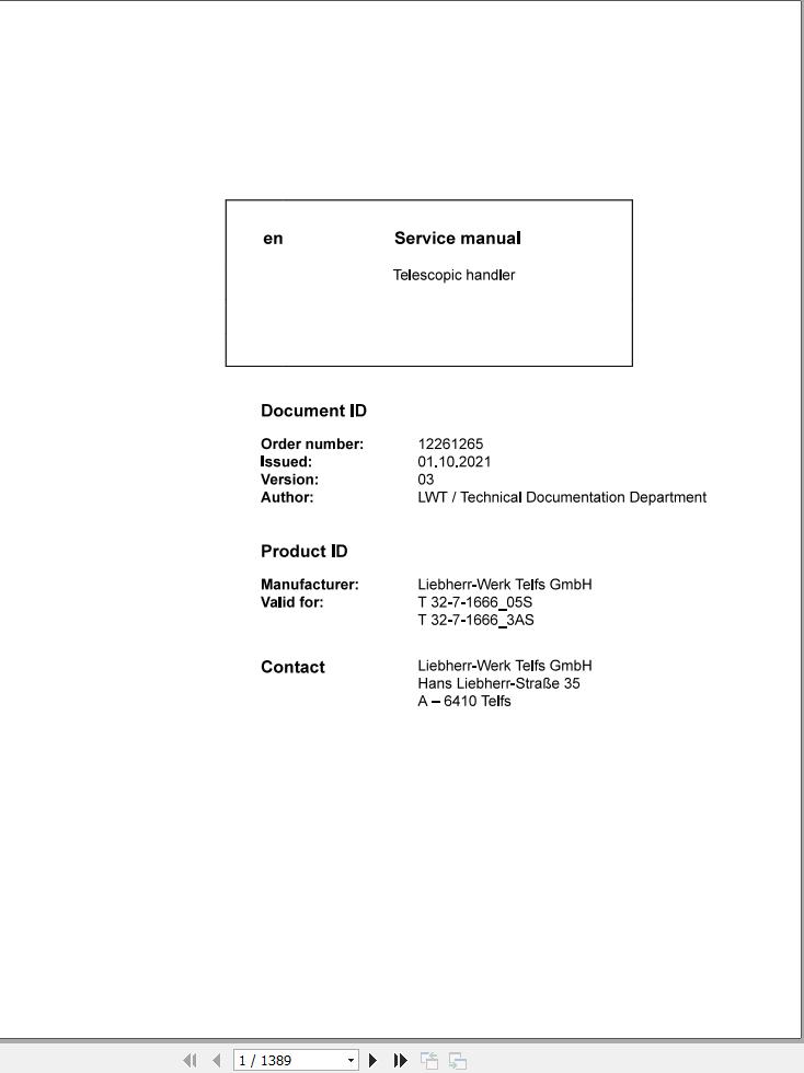 Liebherr Telescopic Handler T32 7 1666 05S T32 7 1666 3AS Service Manual 12261265 2021