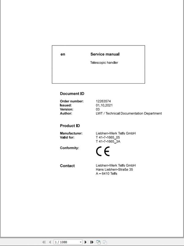 Liebherr Telescopic Handler T41 7 1665 05 T41 7 1665 3A Service Manual 12263574 2021