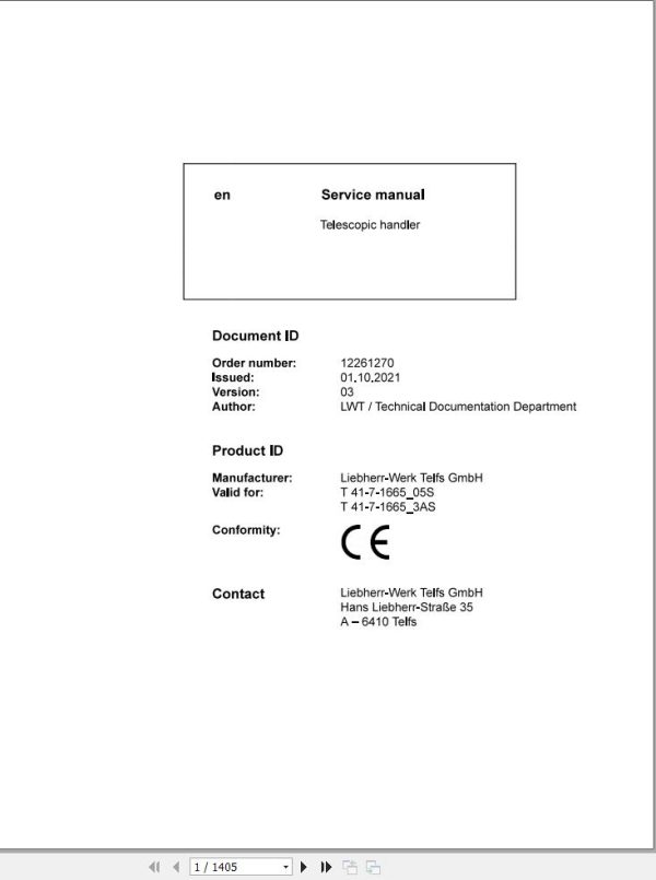 Liebherr Telescopic Handler T41 7 1665 05S T41 7 1665 3AS Service Manual 12261270 2021