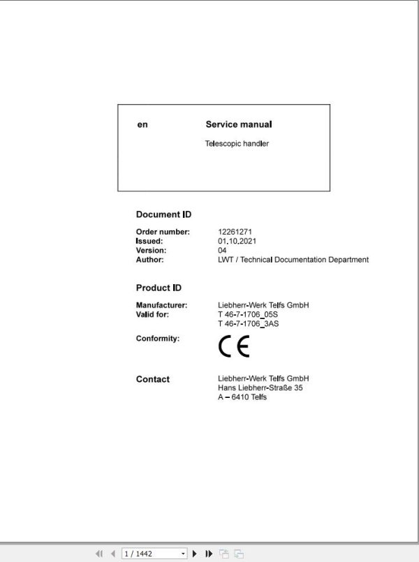 Liebherr Telescopic Handler T46 7 1706 05S T46 7 1706 3AS Service Manual 12261271 2021