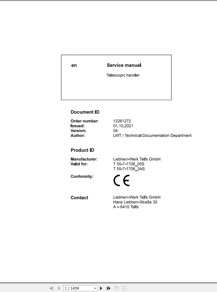 Liebherr Telescopic Handler T55 7 1708 05S T55 7 1708 3AS Service Manual 12261272 2021