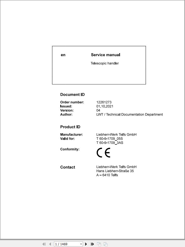 Liebherr Telescopic Handler T60 9 1709 05S T60 9 1709 3AS Service Manual 12261273 2021