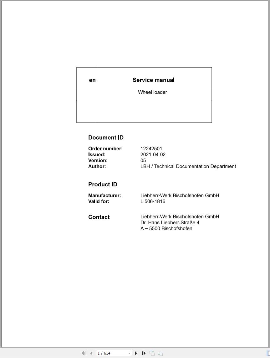 Liebherr Wheel Loader L506 1816 Service Manual 12242501 v5