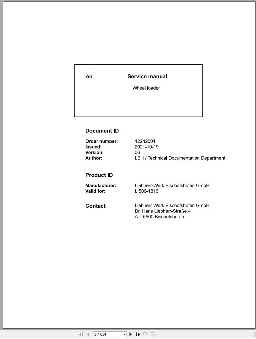 Liebherr Wheel Loader L506 1816 Service Manual 12242501 v6