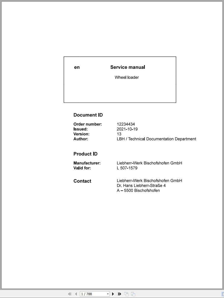 Liebherr Wheel Loader L507 1579 Service Manual 12234434