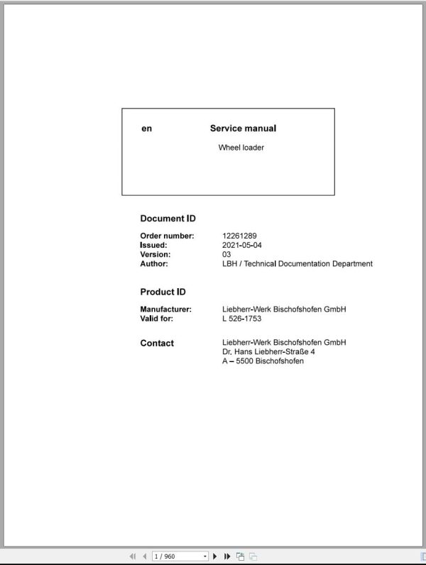 Liebherr Wheel Loader L526 1753 Service Manual 12261289