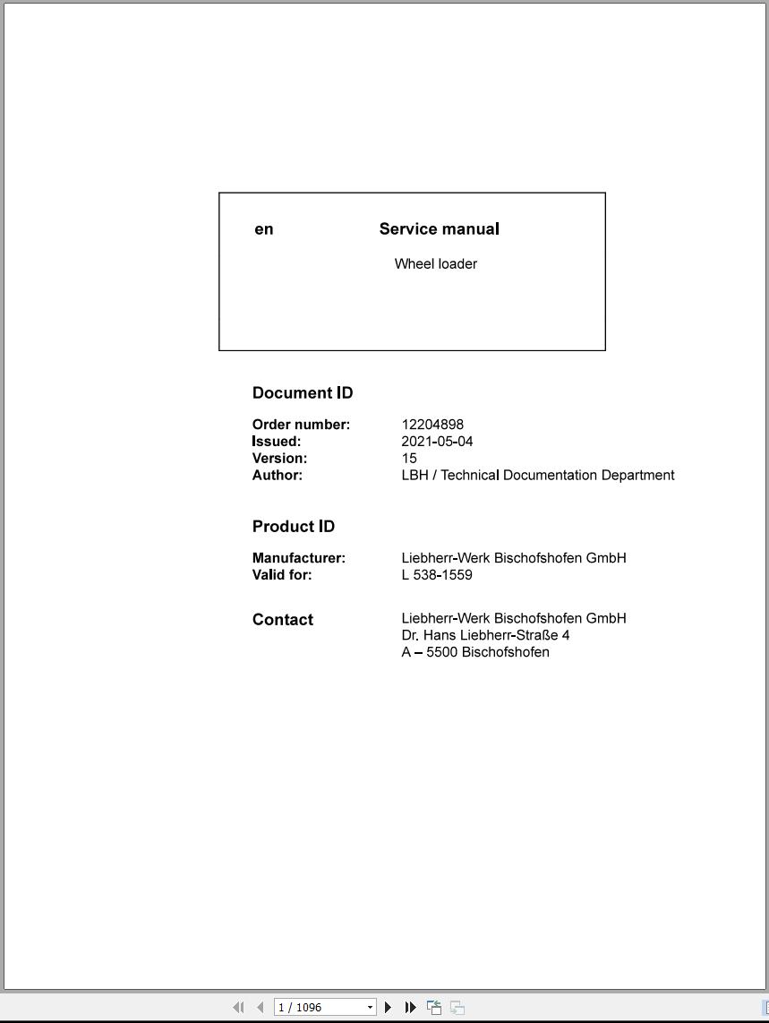 Liebherr Wheel Loader L538 1559 Service Manual 12204898