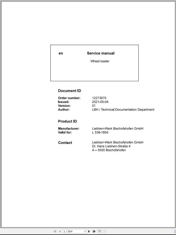 Liebherr Wheel Loader L538 1854 Service Manual 12273670