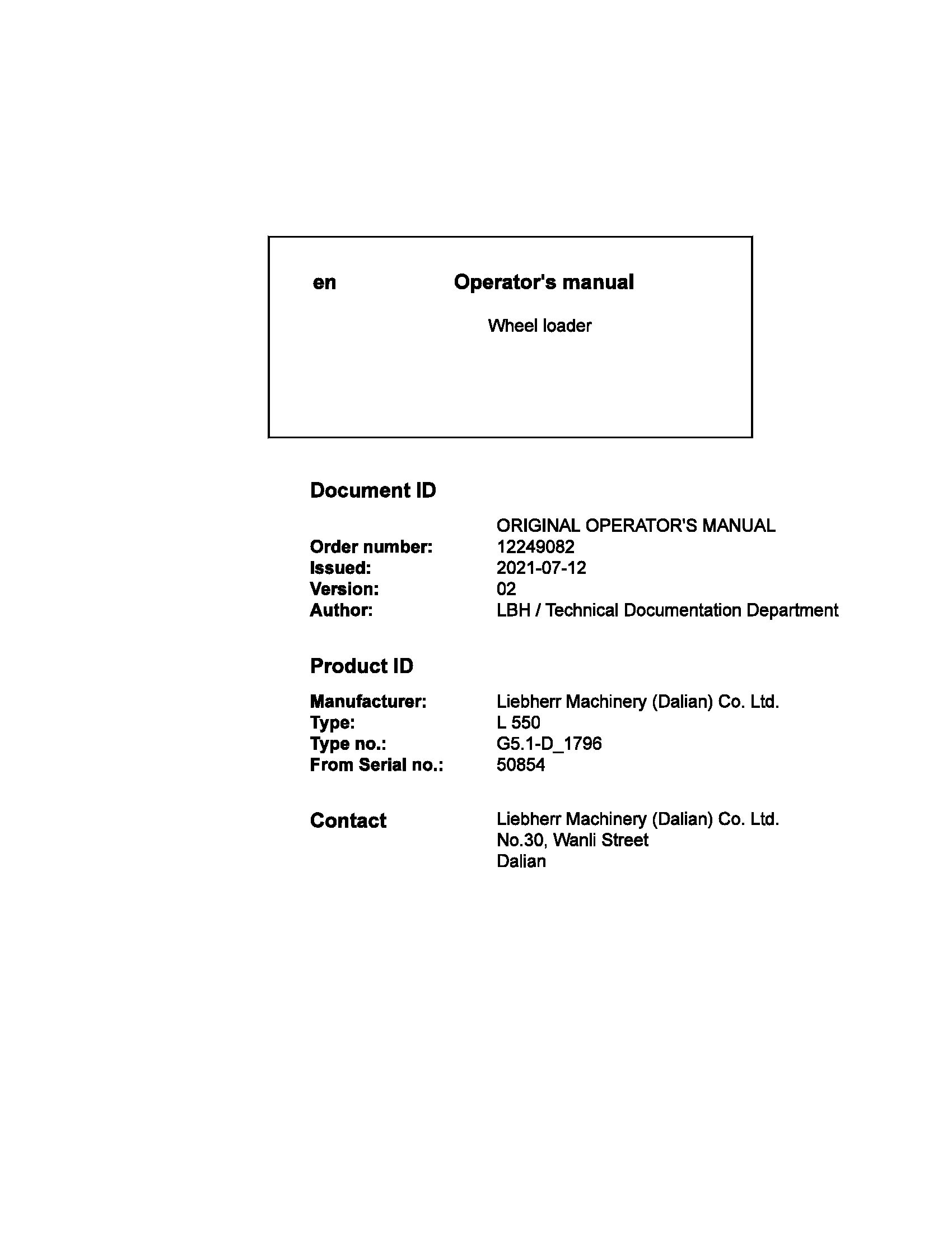 Liebherr Wheel Loader L550 Operator Manual 12249082 2021 1