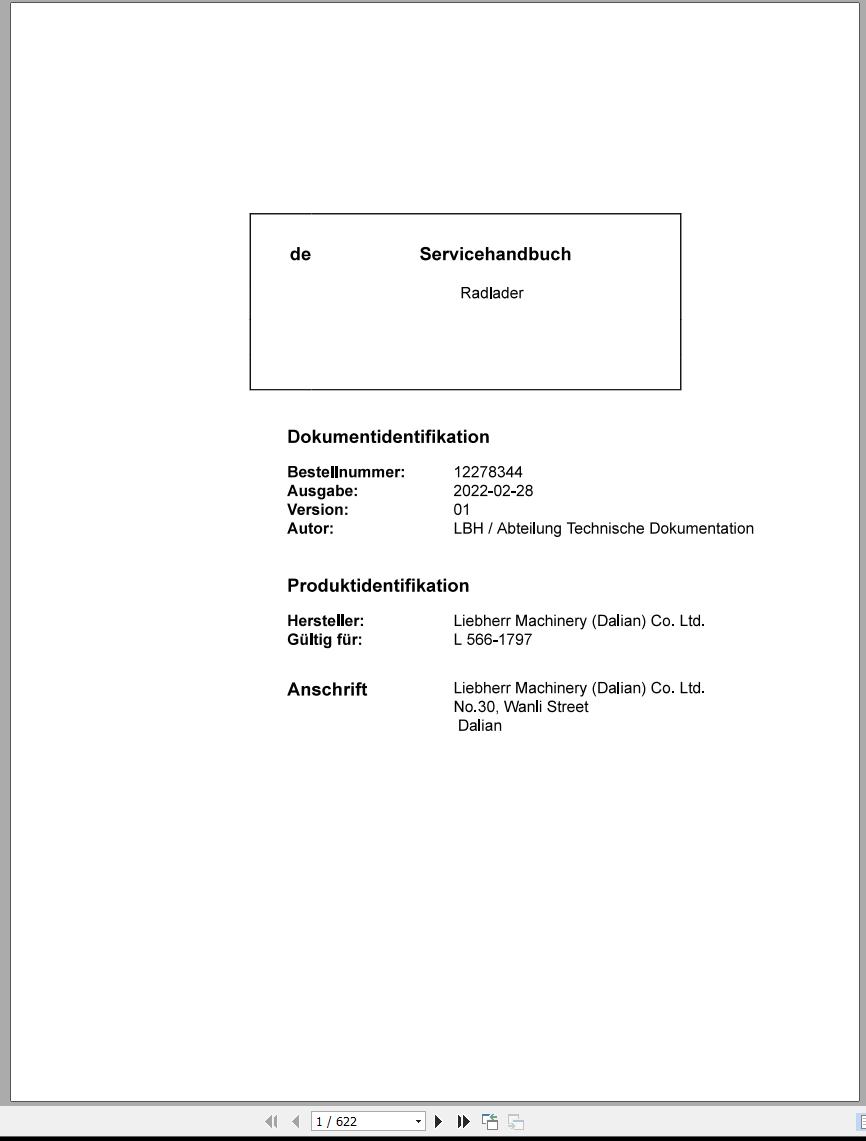 Liebherr Wheel Loader L566 1797 Service Manual 12278344 DE