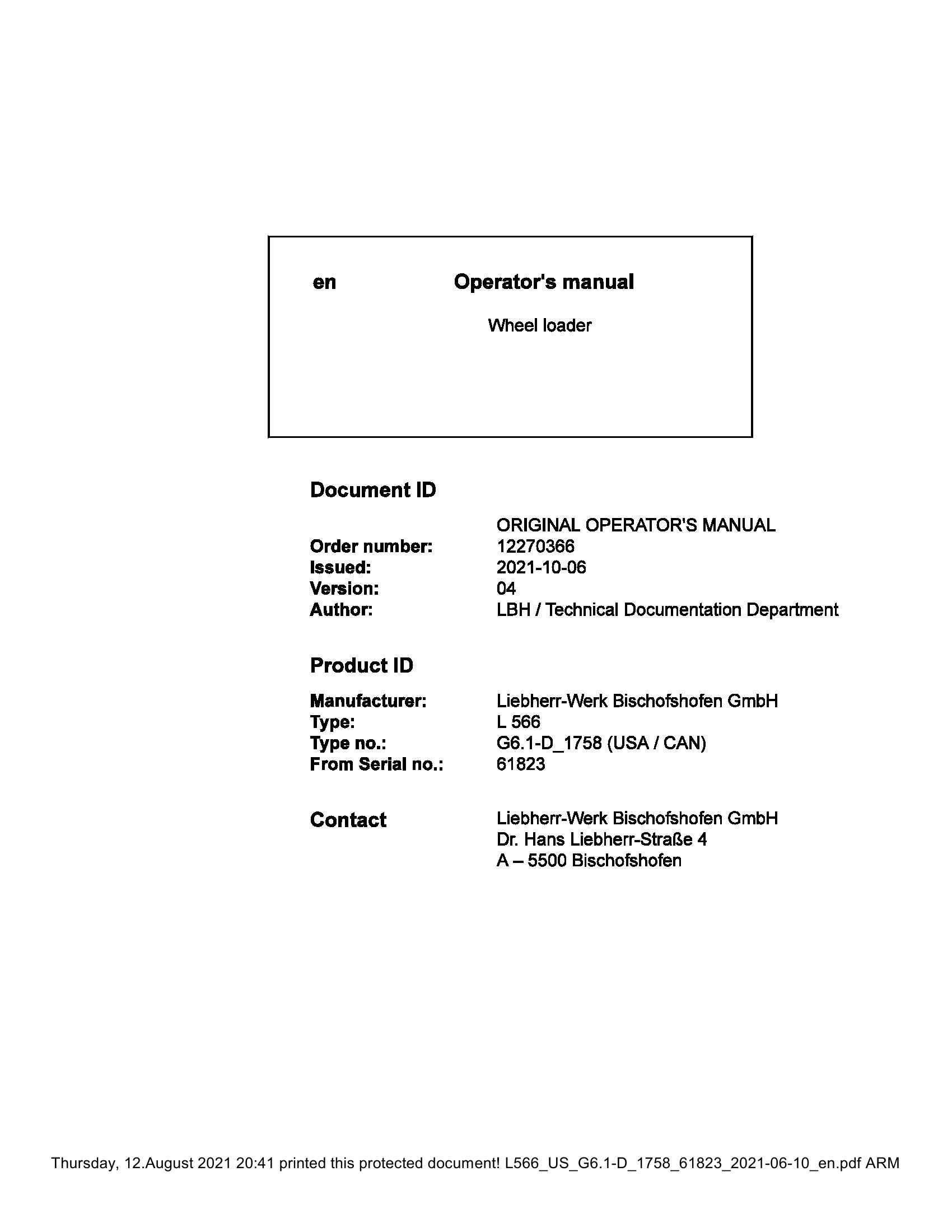 Liebherr Wheel Loader L566 Operator Manual 12270366 2021 1