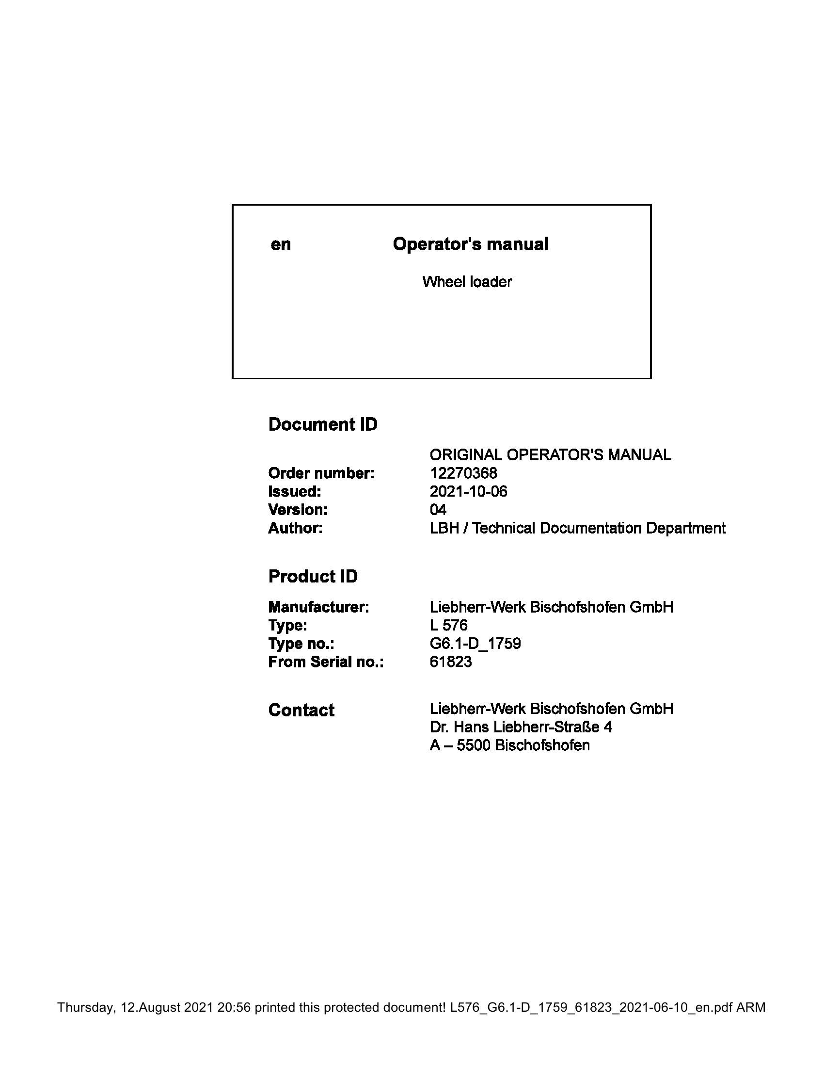 Liebherr Wheel Loader L576 Operator Manual 12270368 2021 1