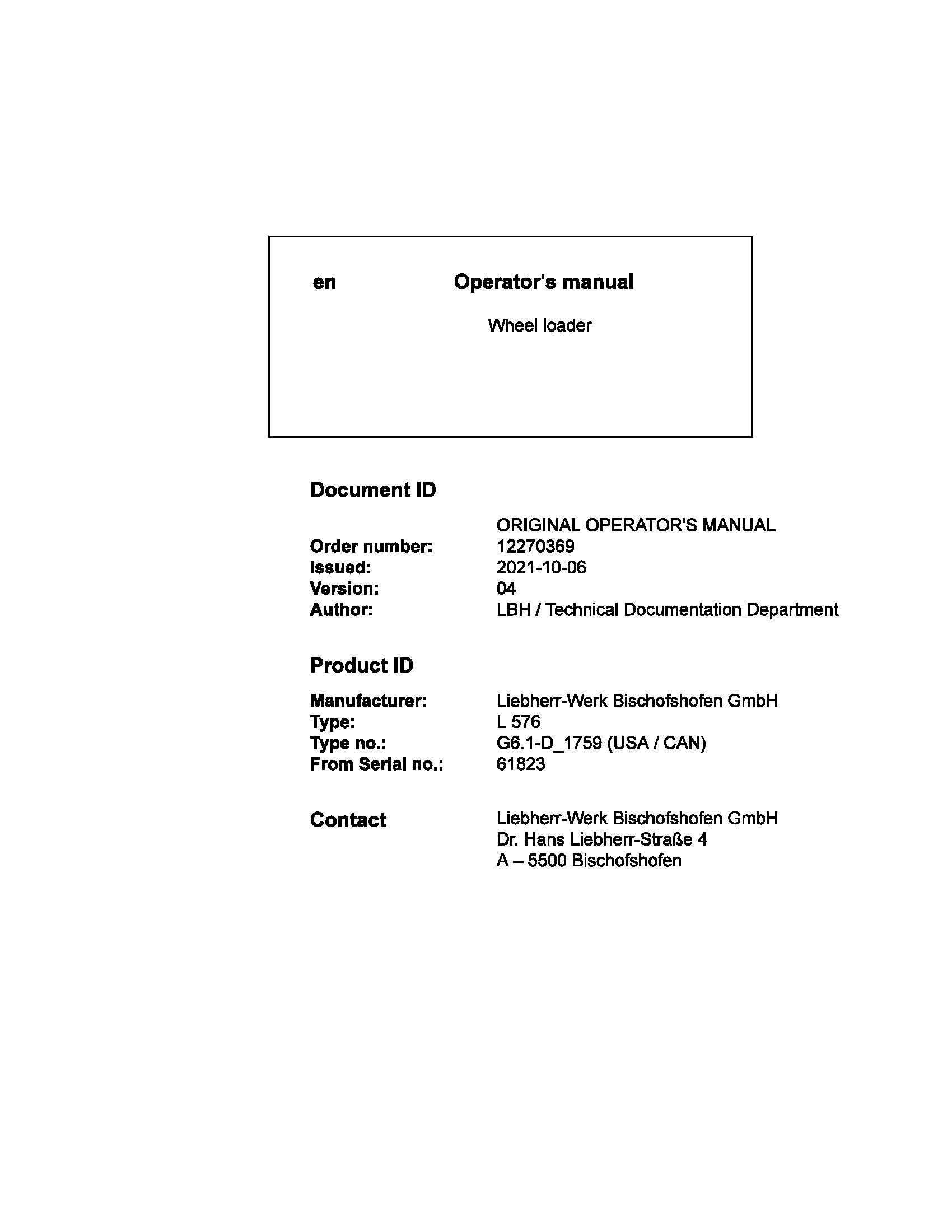 Liebherr Wheel Loader L576 Operator Manual 12270369 2021 1