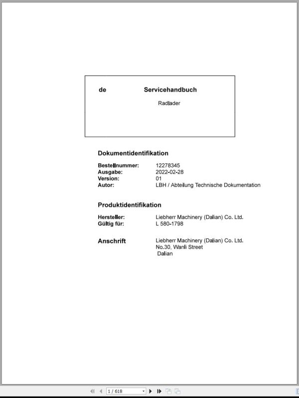 Liebherr Wheel Loader L580 1798 Service Manual 12278345 DE