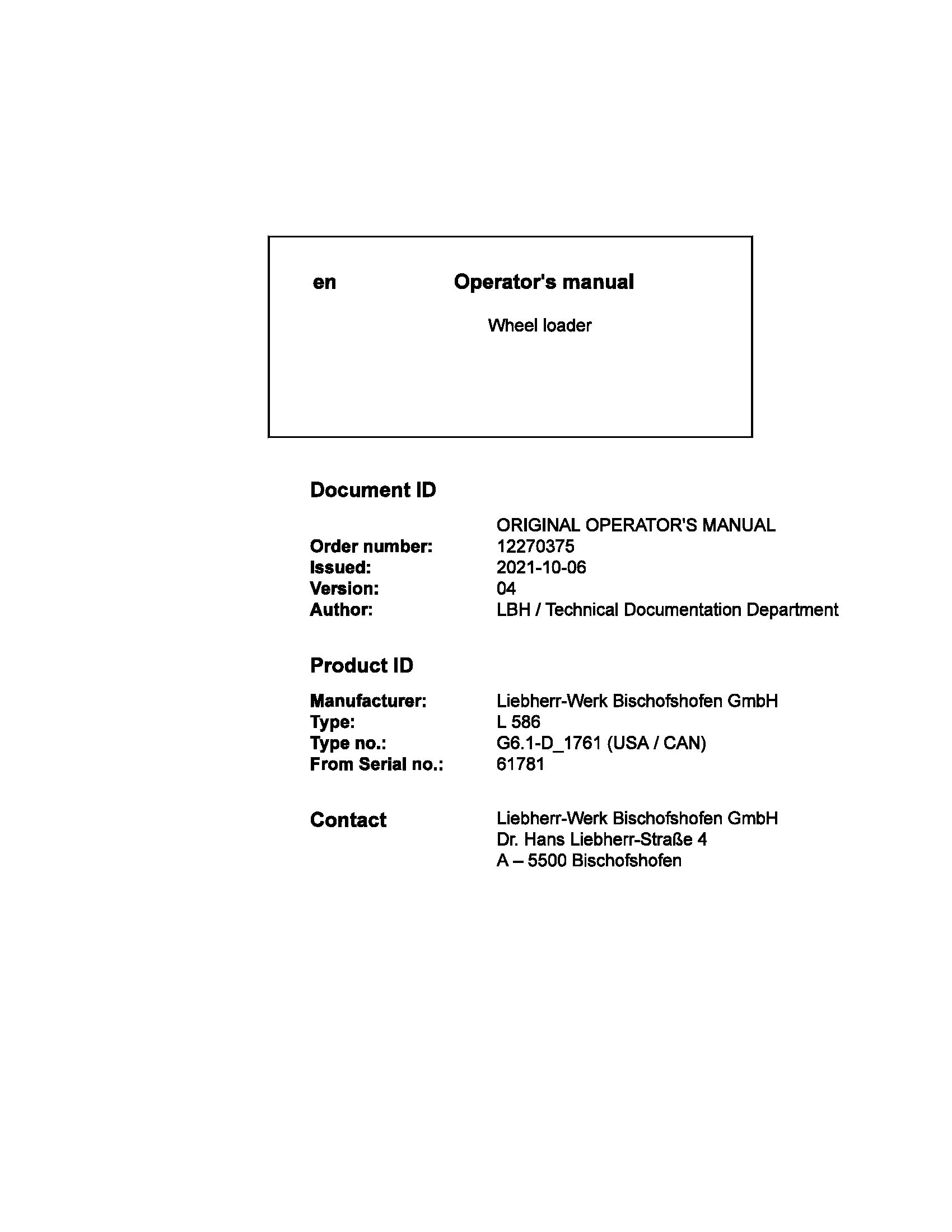Liebherr Wheel Loader L586 Operator Manual 12270375 2021 1