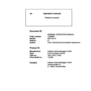 Liebherr Wheeled Excavator A910 Compact Litronic Operator Manual 12268821 2021 1