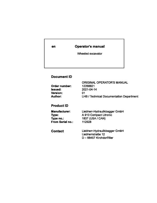 Liebherr Wheeled Excavator A910 Compact Litronic Operator Manual 12268821 2021 1