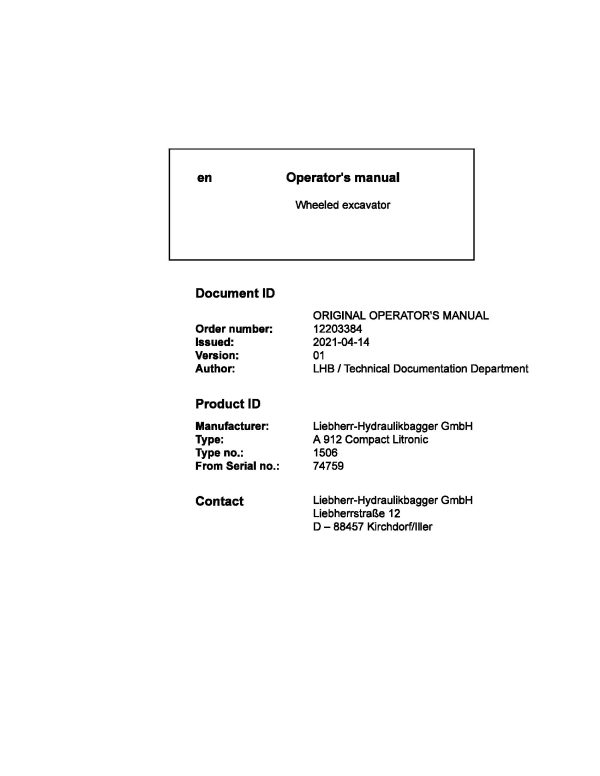 Liebherr Wheeled Excavator A912 Compact Litronic Operator Manual 12203384 2021 1