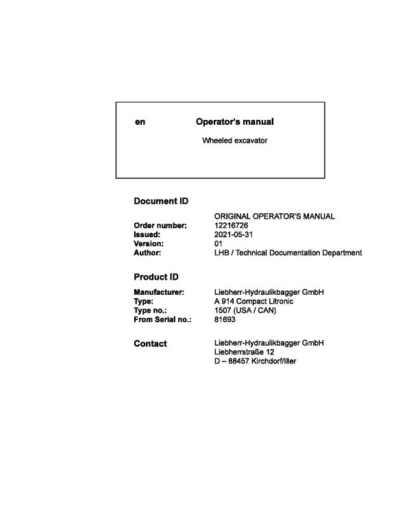 Liebherr Wheeled Excavator A914 Compact Litronic Operator Manual 12216726 2021 1