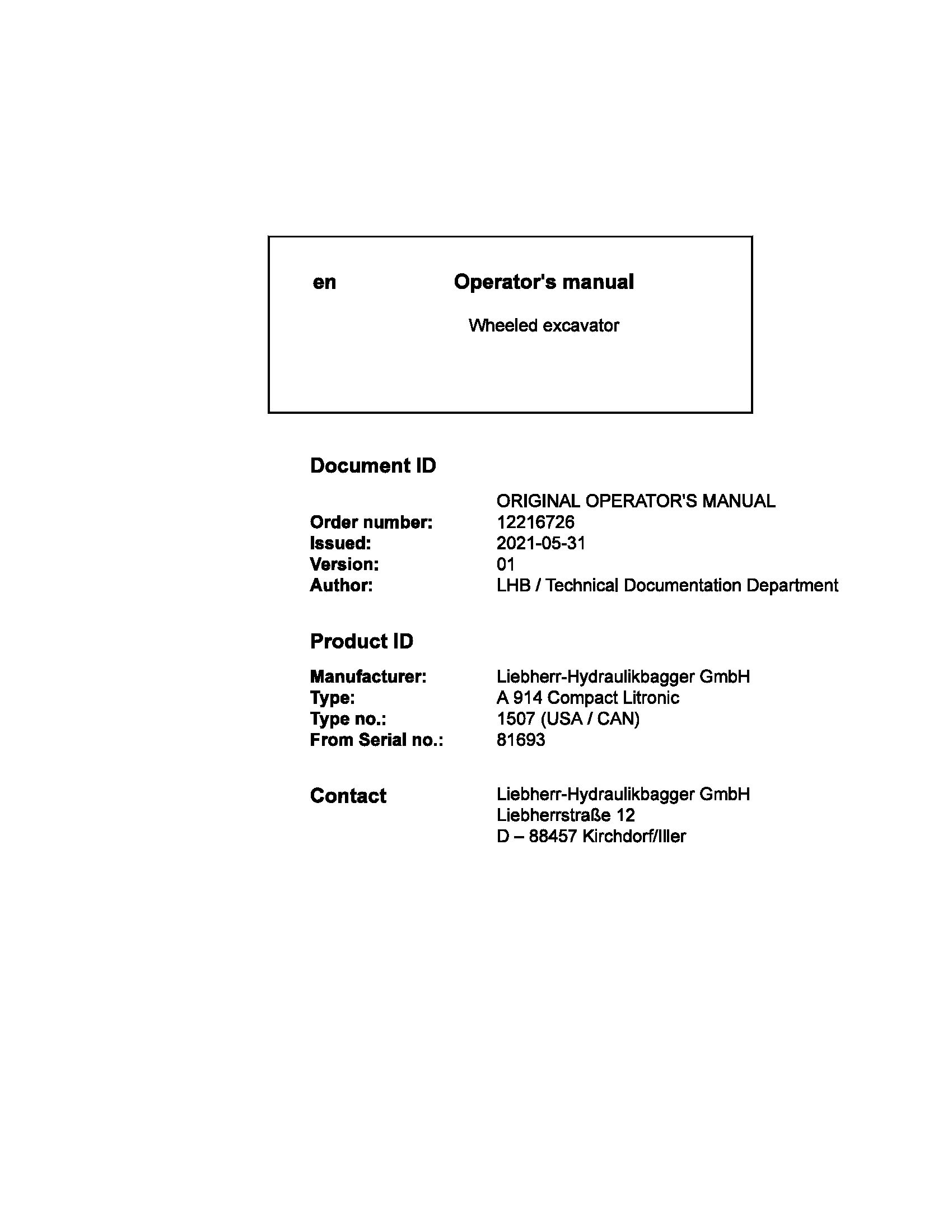 Liebherr Wheeled Excavator A914 Compact Litronic Operator Manual 12216726 2021 1