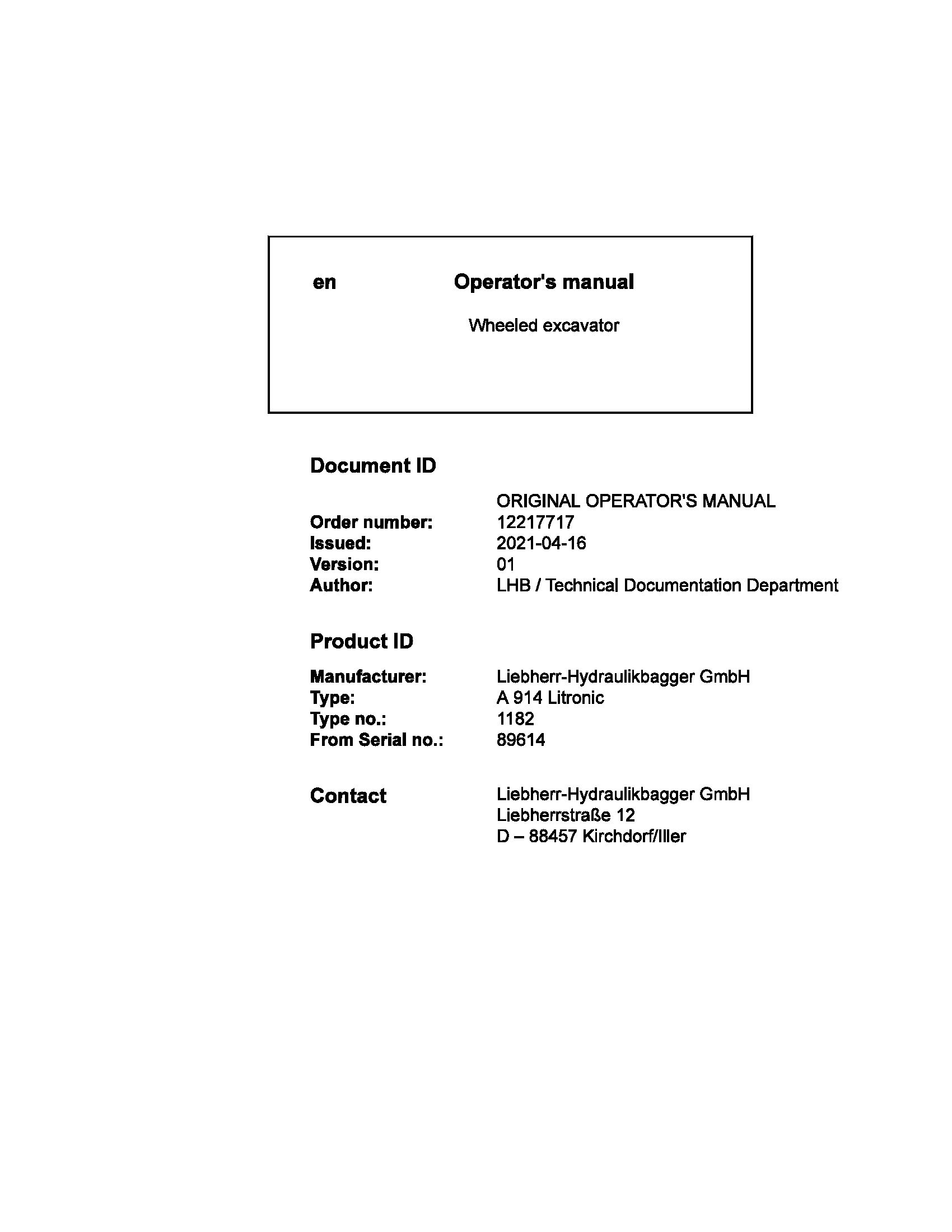 Liebherr Wheeled Excavator A914 Litronic Operator Manual 12217717 2021 1