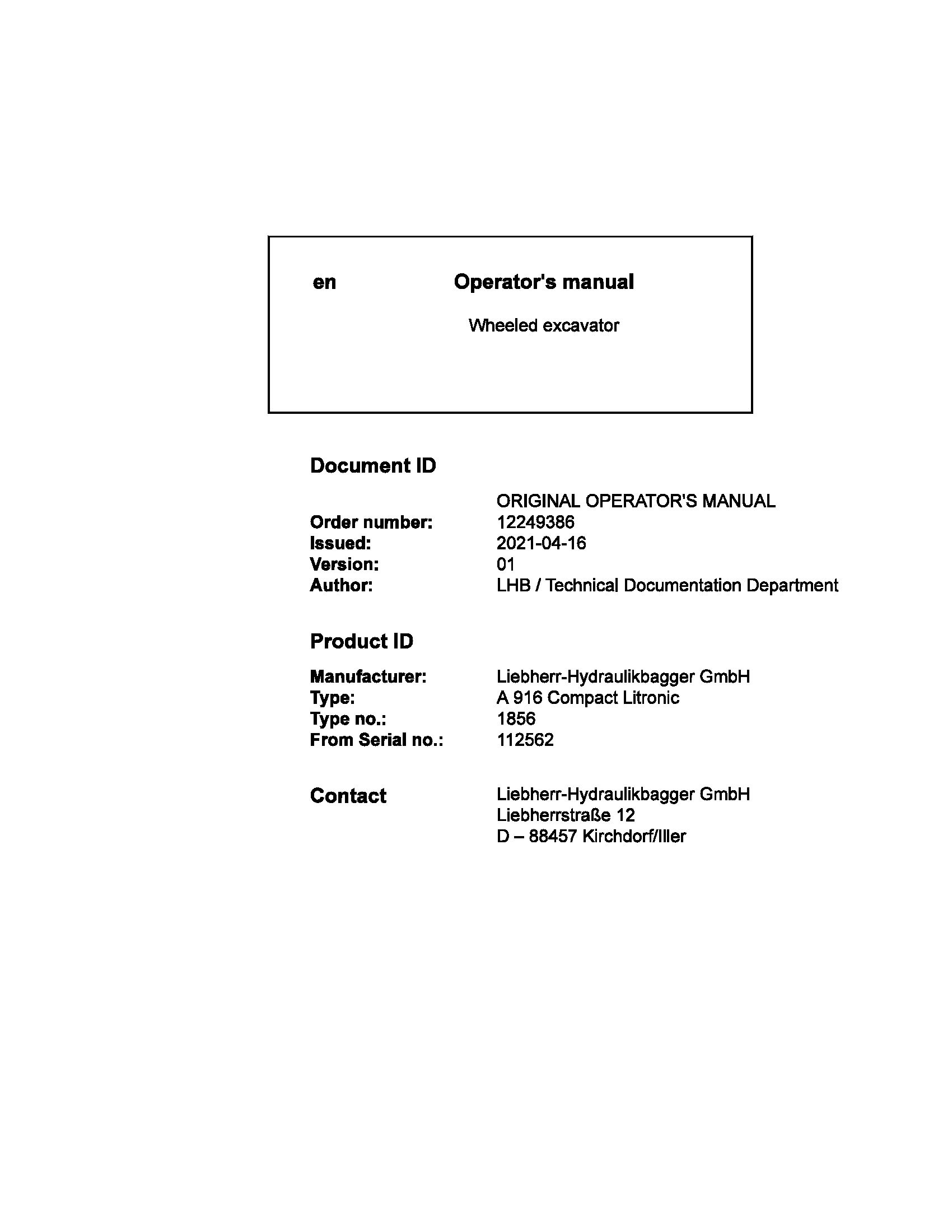 Liebherr Wheeled Excavator A916 Compact Litronic Operator Manual 12249386 2021 1