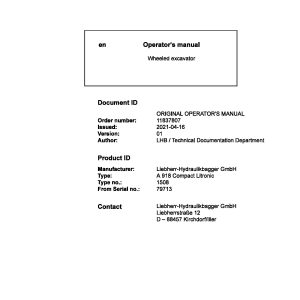 Liebherr Wheeled Excavator A918 Compact Litronic Operator Manual 11837807 2021 1