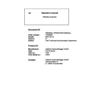 Liebherr Wheeled Excavator A918 Litronic Operator Manual 11838499 2021 1
