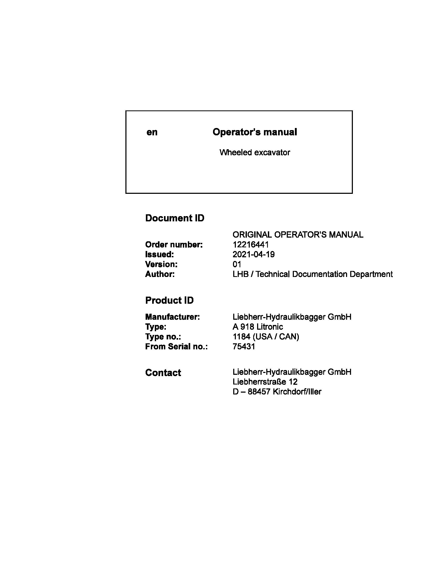 Liebherr Wheeled Excavator A918 Litronic Operator Manual 12216441 2021 1