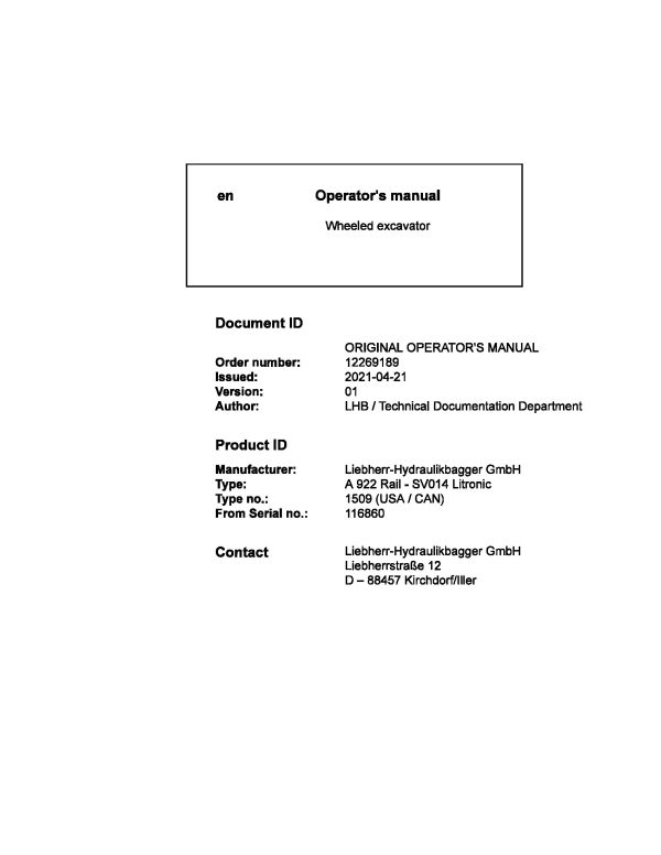 Liebherr Wheeled Excavator A922 Rail SV014 Litronic Operator Manual 12269189 2021 1