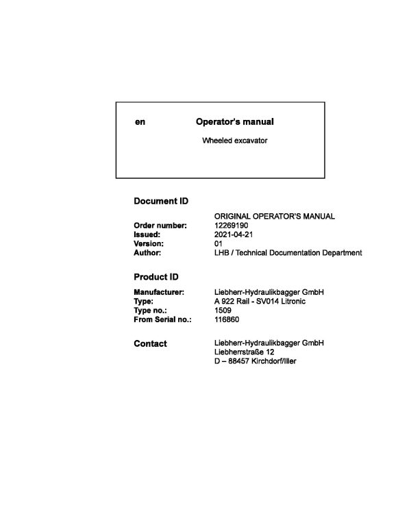 Liebherr Wheeled Excavator A922 Rail SV014 Litronic Operator Manual 12269190 2021 1