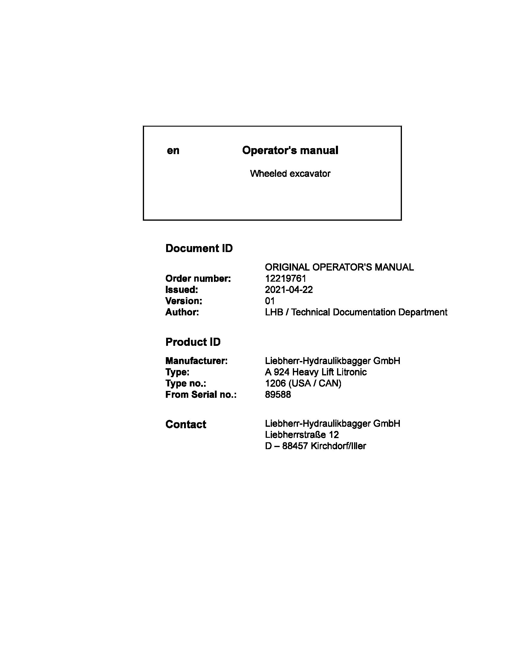 Liebherr Wheeled Excavator A924 Heavy Lift Litronic Operator Manual 12219761 2021 1